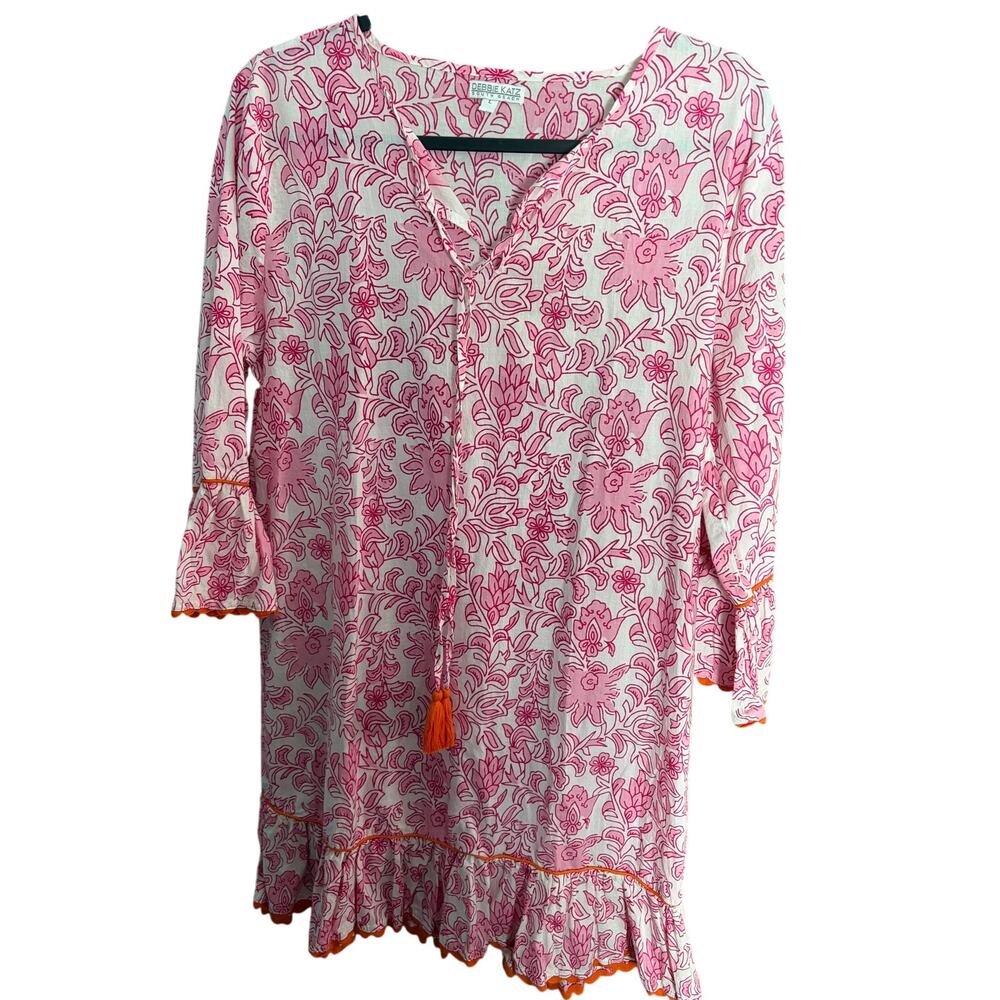 Debbie Katz South Beach Pink Floral Tunic Dress Cover Up L Boho Ruffle Tassel